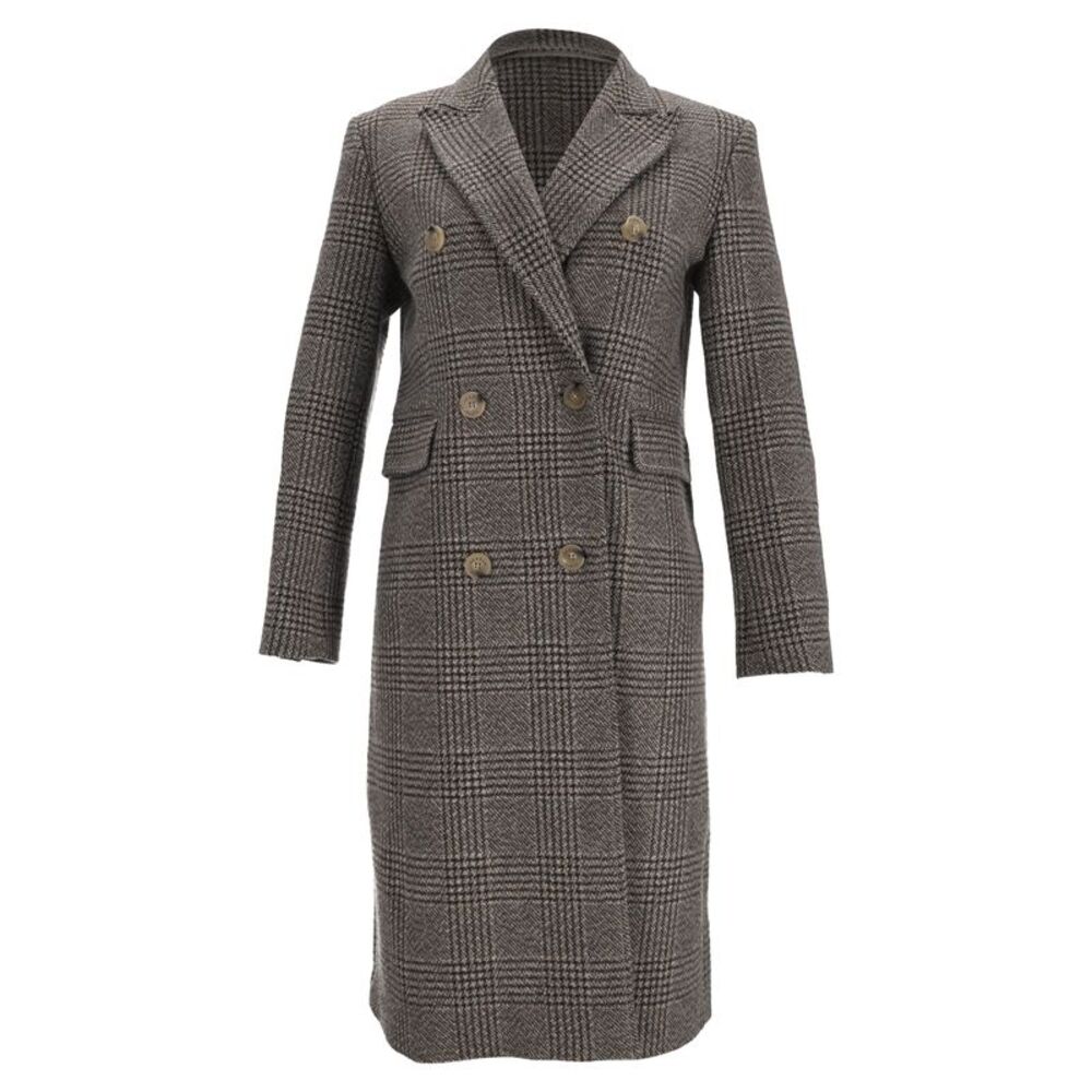 Sandro Houndstooth Print Long Coat Brown Wool